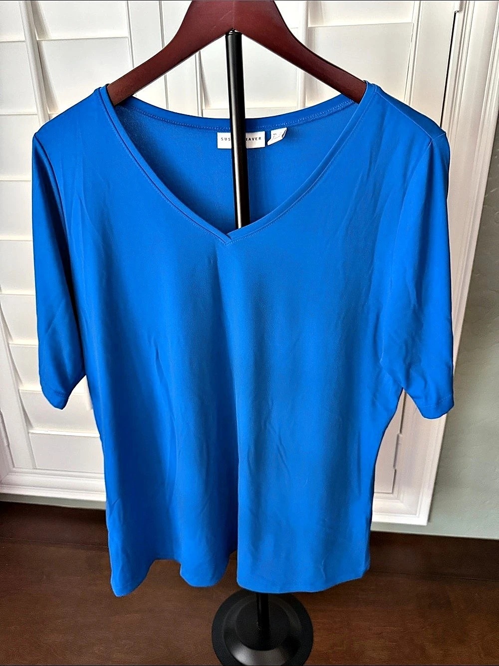 Susan Graver Liquid Knit V-Neck Short Sleeve Top Blue XL Like New